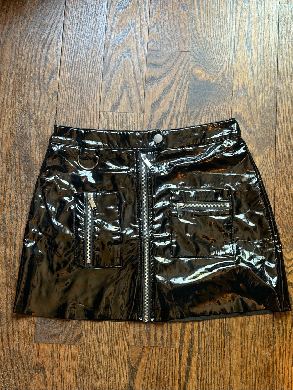 Garage Black Patent Faux-Leather Mini Skirt with Front Zippers